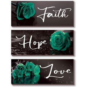 DONFENTHY 3 PCS Blue Bathroom Decor Inspirational Blue Wall Decor Navy Blue Rose with Hope Love Faith Positive Word Wooden Farmhouse Wall Art For Home Bedrooms Living Rooms Office Kitchen(Blue 10x4)