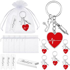 Kigeli 6 Sets Nurse Appreciation Gifts Bulk Nurse Keychain White Organza Bags Thank You Cards Nurse Graduation Gift (Heart)