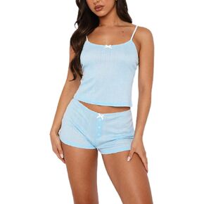 Women's Two Piece Outfit Lace Trim Top and Shorts Set 2 Piece Lounge Sets Ladies PJs Summer Clothes