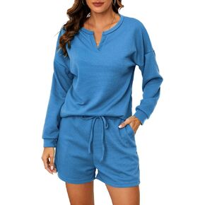 2 Piece Waffle Lounge Sets for Women 2024 Casual Top and Shorts Pullover Going Out Vacation Outfits