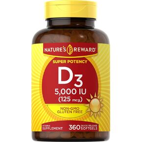 Nature's Reward Vitamin D3-5000 IU - 360 Softgels - Non-GMO & Gluten Free Supplement