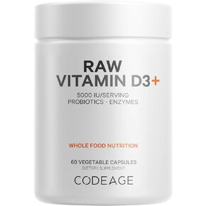 Codeage Raw Vitamin D3+ High Potency 5000 IU Supplement From Saccharomyces Cerevisiae - Raw Vitamin Enhanced with Omega-9, Probiotics, Digestive Enzymes, Fruits & Greens - 2-Month Supply - 60 Capsules
