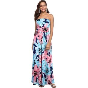 فستان GloryStar نسائي صيفي بوهو بدون حمالات متوسط ​​الطول بخصر عالٍ وطباعة زهور عتيقة فستان طويل طويل مع جيوب أزرق M in Kuwait