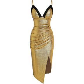 CIDER Metallic V-Neck Solid Ruched Midi Dress