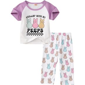 Toddler Girls Easter Outfit Kid Bunny Raglan T-Shirt Chillin' with My Peeps Graphic Tee Long Pants 2Pcs Clothes Set