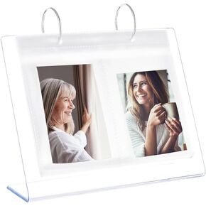 BENECREAT 5" Acrylic Photo Album Transparent Vertical Flip Album Small Family Table Flip Album 17 Pages 34 Pictures with Frame Desktop Display Stand for Protecting Photos, Cards