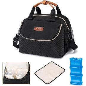 Breastmilk Cooler Bag with Ice Pack Fits 6 Baby Bottles up to 9 Ounce, Wearable Breast Pumps Cooler Bag for Nursing Mom Daycare, Work, Travel- Black