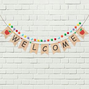 K1tpde قطعتان من لافتة الترحيب بالعودة إلى المدرسة مع مجموعة إكليل كرة من اللباد بوم بوم، وعلامة الترحيب وديكور لافتة بنمط التفاح، وإكليل كرة ملون للفصل الدراسي، وخلفية اليوم الأول للمدرسة in Kuwait