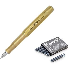 Kaweco AL Sport Fountain Pen (Fine Nib) + Pack of 6 Black Ink Cartridges Gift Set (Brass)