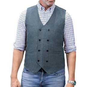 Mens Classic Henringbone Pattern Suit Vest Double-breasted Slim Fit Waistcoat for Wedding Groomsmen