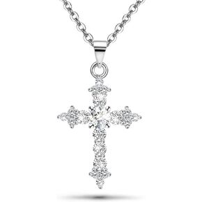 Silver Cross Necklace for Women White Gold CZ Easter Necklace Cubic Zirconia Diamond Pendant Necklaces Sparkling Dainty Moissanites Jewelry Easter Gifts for Girls Birthday ,16+3inches Necklace Chain