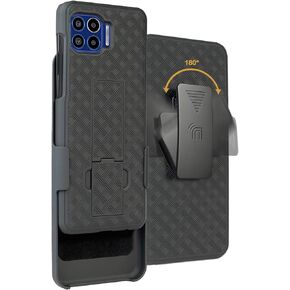 Case with Clip for Moto One 5G, Nakedcellphone [Black Tread] Kickstand Cover with [Rotating/Ratchet] Belt Hip Holster Combo for Motorola Moto One 5G Phone (XT2075)