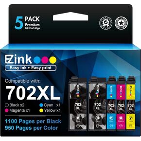 E-Z Ink Remanufactured Ink Cartridge Replacement for Epson 702XL 702 T702XL T702 to use with Workforce Pro WF-3720 WF-3733 WF-3730 Printer (5 Pack)