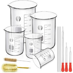 Glass Beakers Set, ZEEROQOLAB 5pcs Measuring Pyrex Beaker 1000ml 500ml 250ml 100ml 50ml with 2pcs Cleaning Brush, 3pcs Droppers and 2pcs Glass Stirring Rods
