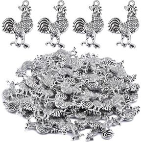 50pcs Antique Silver Rooster Cock Chicken Charms Vintage Alloy Chicken Farm Animal Rooster Shape Dangle Pendants for DIY Bracelets Necklaces Jewelry Making Findings