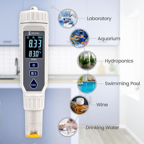 مقياس درجة الحموضة من ERICKHILL، جهاز اختبار درجة الحموضة عالي الدقة ±0.01 مع محلول معايرة ونطاق قياس 0-14 درجة حموضة، قلم درجة حموضة مقاوم للماء مع إضاءة خلفية ATC وLCD لمياه الشرب وحوض السمك والنبيذ وحمام السباحة والزراعة المائية in Kuwait