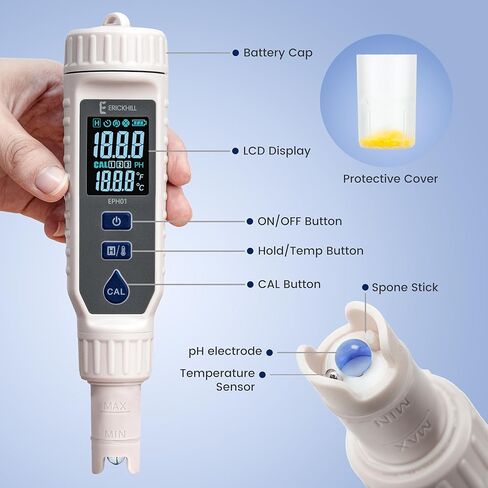 مقياس درجة الحموضة من ERICKHILL، جهاز اختبار درجة الحموضة عالي الدقة ±0.01 مع محلول معايرة ونطاق قياس 0-14 درجة حموضة، قلم درجة حموضة مقاوم للماء مع إضاءة خلفية ATC وLCD لمياه الشرب وحوض السمك والنبيذ وحمام السباحة والزراعة المائية in Kuwait