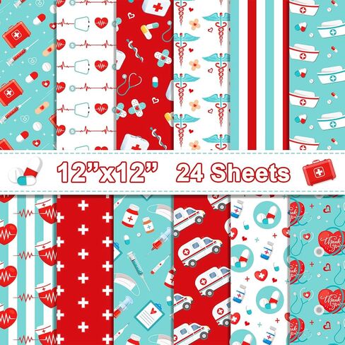 24 Sheets Nurse's Day Pattern Paper, 12" x 12" Patterned Cardstock Paper Scrapbooking Supplies Paper Vintage Decorative Craft Paper for DIY Card Making Photo Album Junk Journal Decor in Kuwait
