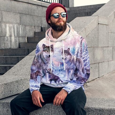 KYKU Wolf Hoodies for Men Pink Hoodie 3D Women Sweatshirt Pullover Graphic in Saudi Arabia