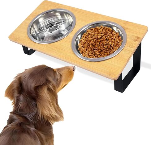 Stand-Up Tilted Bamboo Table & Metal Elevated Dog Bowls - 2 Stainless Steel Bowls for Food or Water Included, Elevated pet Feeder Perfect for Small Dogs, Cats, Medium Pets in Saudi Arabia