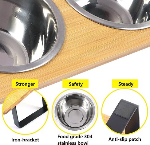 Stand-Up Tilted Bamboo Table & Metal Elevated Dog Bowls - 2 Stainless Steel Bowls for Food or Water Included, Elevated pet Feeder Perfect for Small Dogs, Cats, Medium Pets in Saudi Arabia