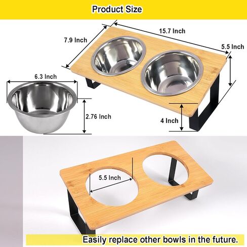 Stand-Up Tilted Bamboo Table & Metal Elevated Dog Bowls - 2 Stainless Steel Bowls for Food or Water Included, Elevated pet Feeder Perfect for Small Dogs, Cats, Medium Pets in Saudi Arabia