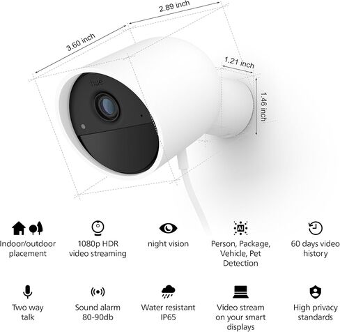 كاميرا مراقبة منزلية ذكية سلكية آمنة من Philips Hue، باللون الأسود - حزمة واحدة - فيديو عالي الدقة 1080 بكسل - رؤية ليلية - كشف الحركة - محادثة ثنائية الاتجاه - داخلي/خارجي - مقاومة للطقس - تعمل مع تطبيق Hue in Kuwait