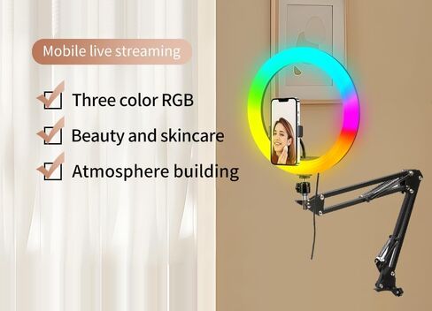 Overhead Ring Light Selfie Light w Phone Holder 38 Color Modes Dimmable/Speed w Remote Control f Video Recording Meeting Live Streaming Tiktok YouTube (Black 35cm Holder) in Saudi Arabia