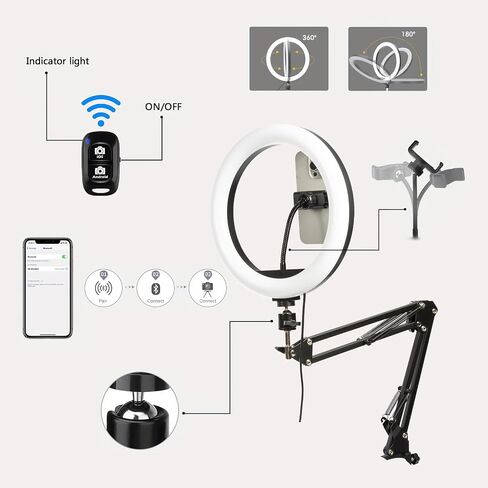 Overhead Ring Light Selfie Light w Phone Holder 38 Color Modes Dimmable/Speed w Remote Control f Video Recording Meeting Live Streaming Tiktok YouTube (Black 35cm Holder) in Saudi Arabia