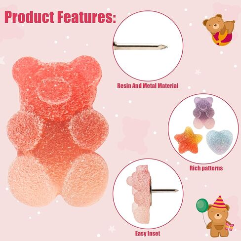 الدببة الملونة دفع دبابيس 30pcs غائر الدب نجمة على شكل قلب الدبوس الراتنج الإبهام تك للوحة الفلين صورة جدار نشرة لوحة خريطة التقويم مكتب المدرسة Thumbtack ديكور المسامير اللوازم in Kuwait