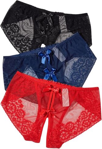 OYOANGLE Women's 3 Pack Floral Lace Sheer Bow Front Briefs Panties Mid Rise Breathable Underwear in Saudi Arabia