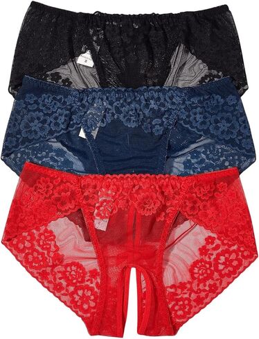 OYOANGLE Women's 3 Pack Floral Lace Sheer Bow Front Briefs Panties Mid Rise Breathable Underwear in Saudi Arabia
