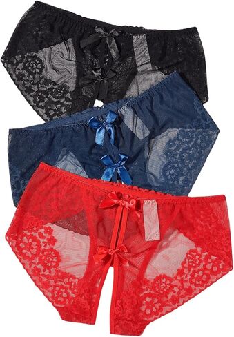 OYOANGLE Women's 3 Pack Floral Lace Sheer Bow Front Briefs Panties Mid Rise Breathable Underwear in Saudi Arabia