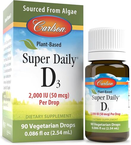 Carlson - نباتي يومي فائق D3 2000 وحدة دولية (50 ميكروجرام) لكل قطرة، قطرات فيتامين د نباتية، فيتامين د3 سائل، مصدر من الطحالب، بدون نكهة، 90 قطرة (2.54 مل) in Saudi Arabia