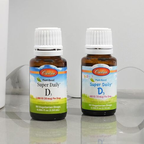 Carlson - نباتي يومي فائق D3 2000 وحدة دولية (50 ميكروجرام) لكل قطرة، قطرات فيتامين د نباتية، فيتامين د3 سائل، مصدر من الطحالب، بدون نكهة، 90 قطرة (2.54 مل) in Saudi Arabia