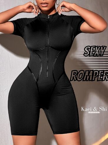 Kaei&Shi Sexy Romper for Women Party Club Night,Zip Up Bodycon Shorts Jumpsuit,One Piece Rompers Bartender Clubwear in Saudi Arabia