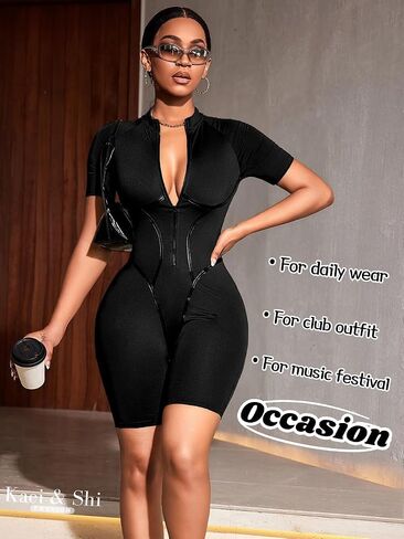Kaei&Shi Sexy Romper for Women Party Club Night,Zip Up Bodycon Shorts Jumpsuit,One Piece Rompers Bartender Clubwear in Saudi Arabia