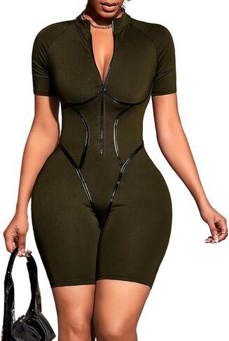 Kaei&Shi Sexy Romper for Women Party Club Night,Zip Up Bodycon Shorts Jumpsuit,One Piece Rompers Bartender Clubwear in Saudi Arabia