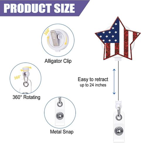 Tian Zhun 4th of July Badge Reel Retractable with Alligator Clip Acrylic Stars and Stripes Badge Holder Patriotic Independence Day Nurse Teacher Student Office Name Badge Accessory in Saudi Arabia