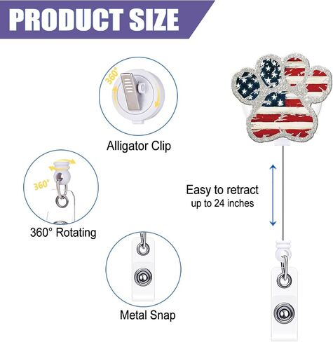 Tian Zhun 4th of July Badge Reel Retractable with Alligator Clip Acrylic Stars and Stripes Badge Holder Patriotic Independence Day Nurse Teacher Student Office Name Badge Accessory in Saudi Arabia
