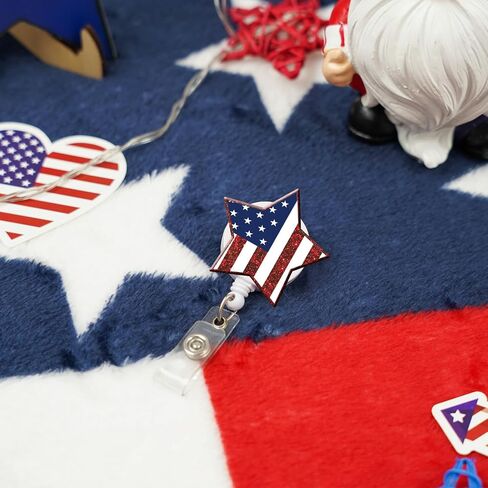 Tian Zhun 4th of July Badge Reel Retractable with Alligator Clip Acrylic Stars and Stripes Badge Holder Patriotic Independence Day Nurse Teacher Student Office Name Badge Accessory in Saudi Arabia