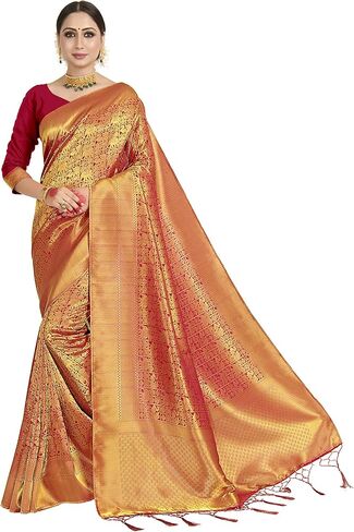 Sarees For Women's Banarasi Raw Silk | Ethnic Indian Diwali Woven Saree Gift Sari With Non Stitched Blouse in Saudi Arabia