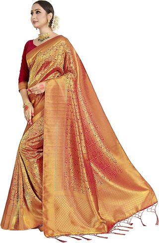 Sarees For Women's Banarasi Raw Silk | Ethnic Indian Diwali Woven Saree Gift Sari With Non Stitched Blouse in Saudi Arabia