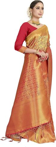 Sarees For Women's Banarasi Raw Silk | Ethnic Indian Diwali Woven Saree Gift Sari With Non Stitched Blouse in Saudi Arabia