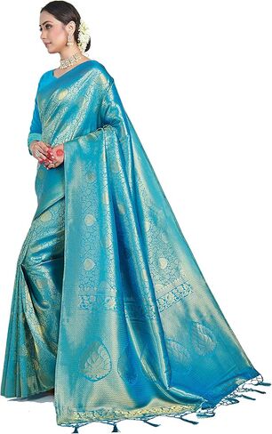 الساري الهندي للنساء من الحرير الخام Banarasi | ساري ديوالي الهندي المنسوج هدية ساري مع بلوزة غير مخيطة in Kuwait