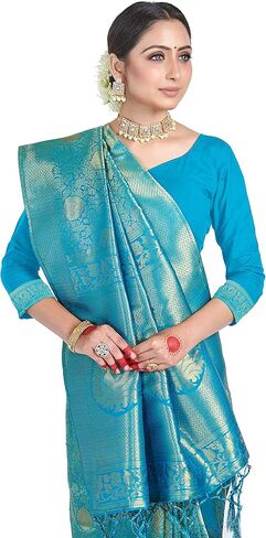 الساري الهندي للنساء من الحرير الخام Banarasi | ساري ديوالي الهندي المنسوج هدية ساري مع بلوزة غير مخيطة in Kuwait