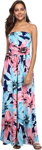 فستان GloryStar نسائي صيفي بوهو بدون حمالات متوسط ​​الطول بخصر عالٍ وطباعة زهور عتيقة فستان طويل طويل مع جيوب أزرق M in Kuwait