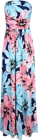 فستان GloryStar نسائي صيفي بوهو بدون حمالات متوسط ​​الطول بخصر عالٍ وطباعة زهور عتيقة فستان طويل طويل مع جيوب أزرق M in Kuwait