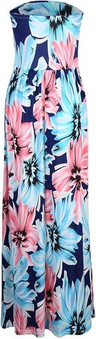 فستان GloryStar نسائي صيفي بوهو بدون حمالات متوسط ​​الطول بخصر عالٍ وطباعة زهور عتيقة فستان طويل طويل مع جيوب أزرق M in Kuwait