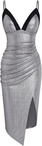 CIDER Metallic V-Neck Solid Ruched Midi Dress in Kuwait